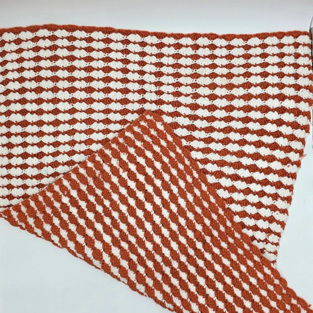 Handmade Crochet Shell Stitch Throw Blanket Burnt Orange White Striped 38x28